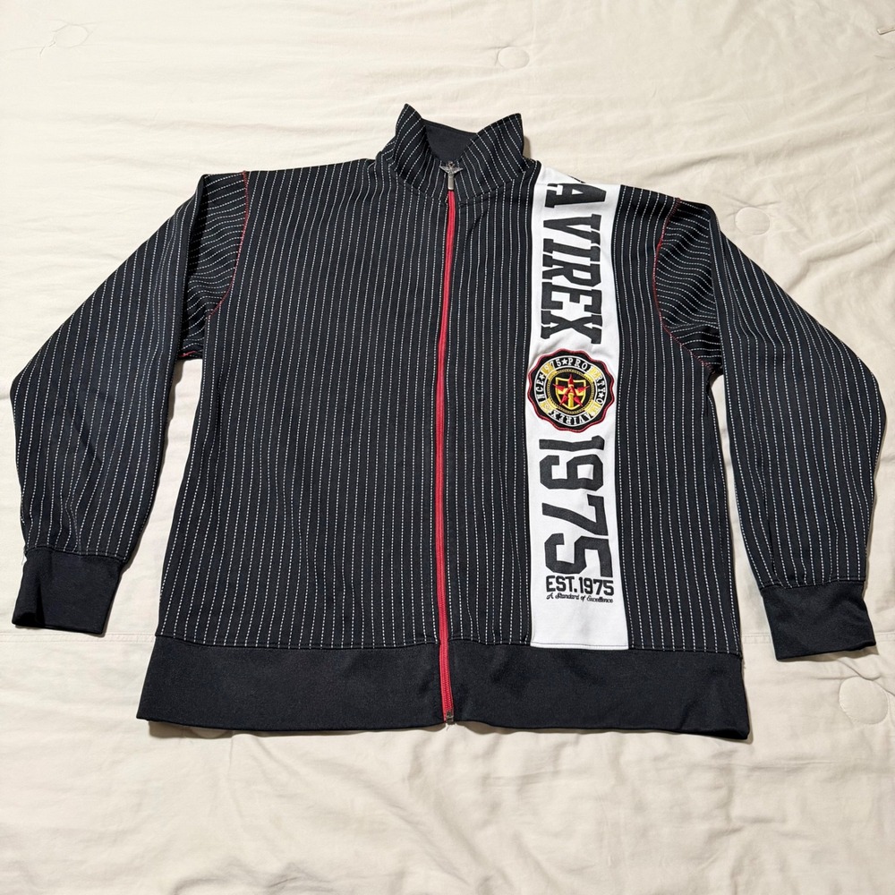 Avirex Mens Medium Track Jacket Black Pinstripe Vintage Y2K 1975 Logo Zip Up